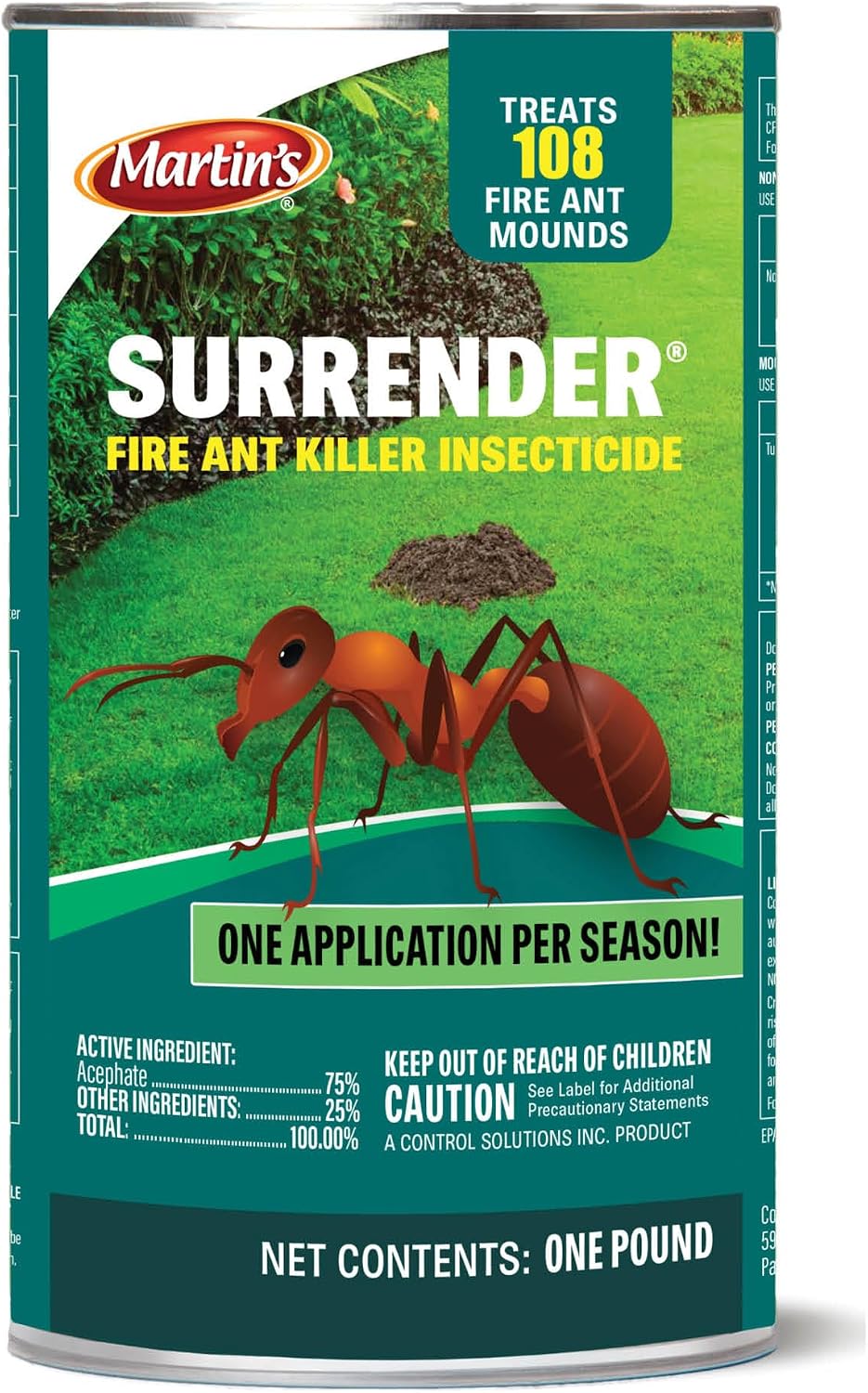 Martin’s Surrender Fire Ant Killer Insecticide 1 lb can, 75% acephate, treats 108 fire ant mounds